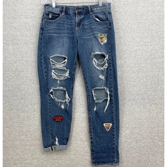 Articles of Society Jeans Womens 27 Blue Denim Mid Rise Distressed Patches - Picture 1 of 12